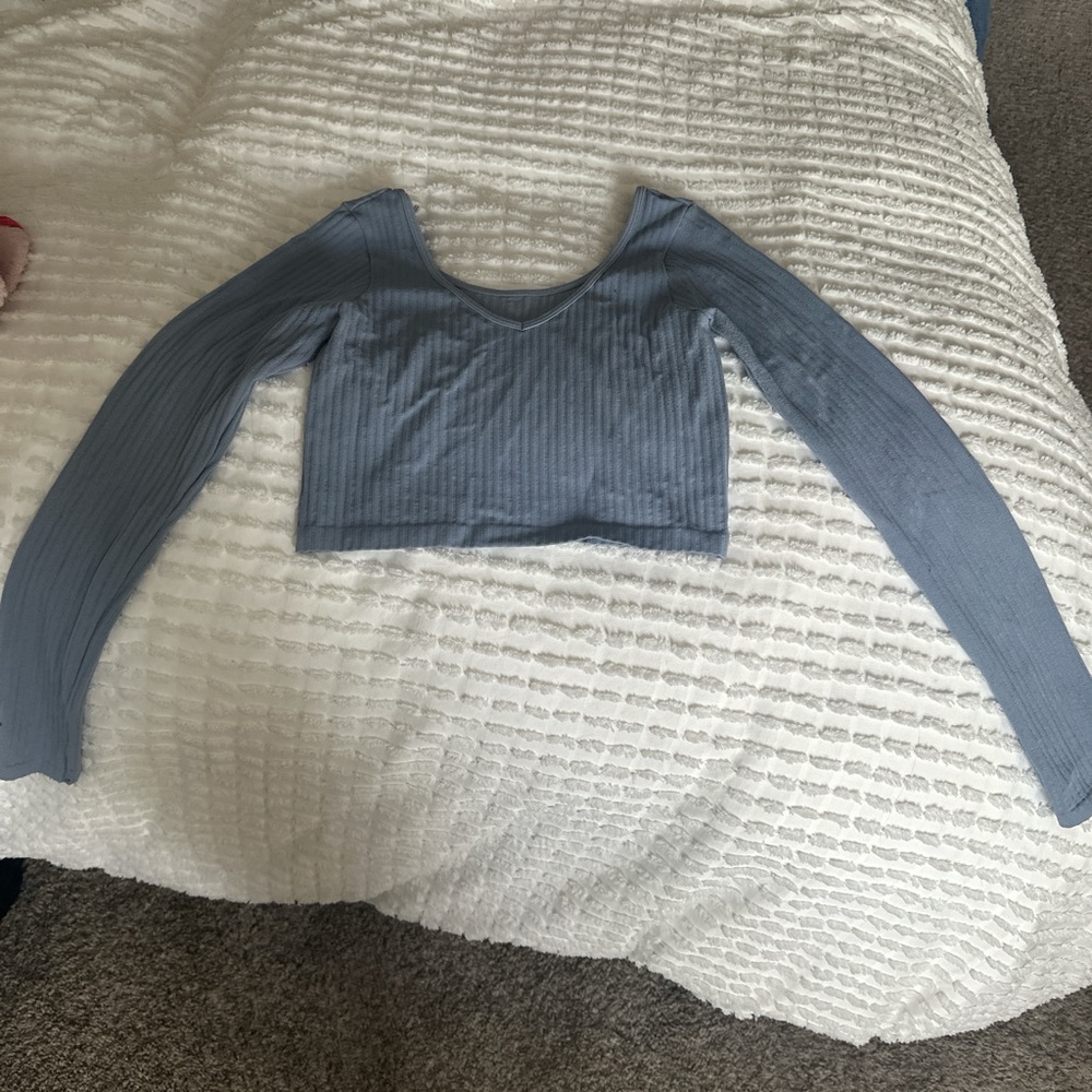 Aeropostale Blue and White Fitted Long Sleeve Crop Top